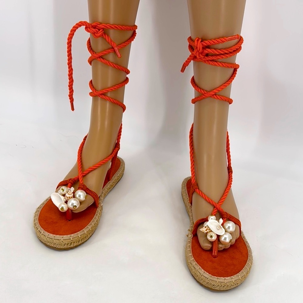 Renda NEW Italian Shoe Brand Coastal Pearl Shell Woven Gladiator Sandals NWOT